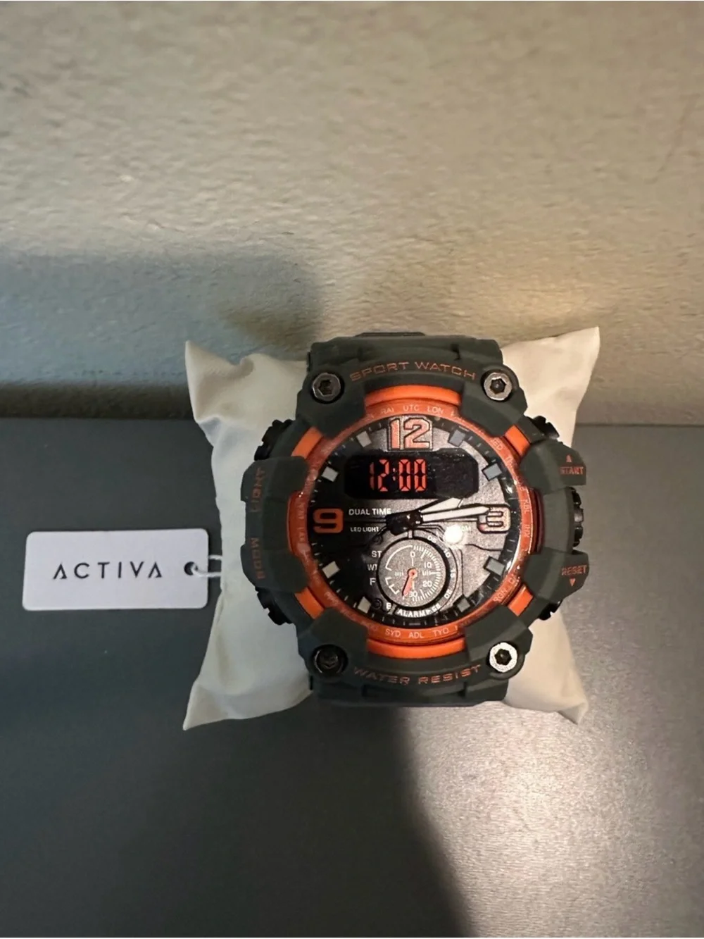 Activa Men’s Sport Watch Black Orange Dual Time Digital Analog NWT